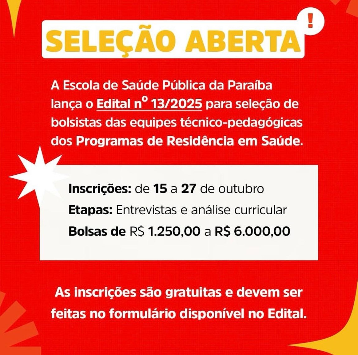 ESP-PB LANÇA EDITAL PARA EQUIPE TÉCNICO PEDAGÓGICA DO NÚCLEO DE RESIDÊNCIAS EM SAÚDE
